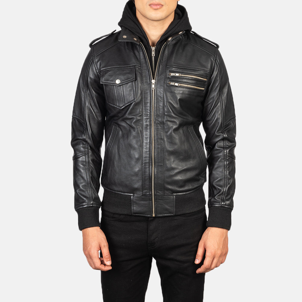 【BALR.】2way HOODED LEATHER BOMBER JACKET Men's Bravado Black Hooded Leather Bomber Jacket – The Jacket Maker