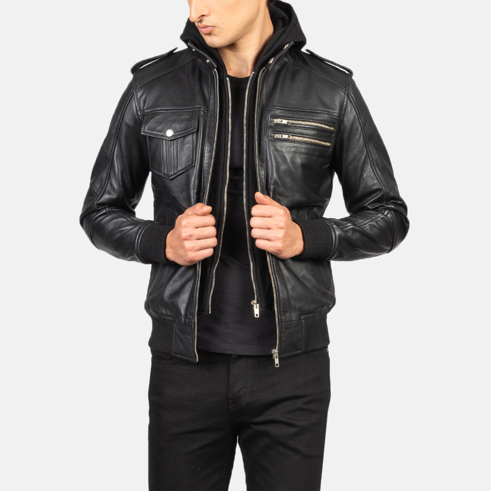 【BALR.】2way HOODED LEATHER BOMBER JACKET Men's Bravado Black Hooded Leather Bomber Jacket – The Jacket Maker