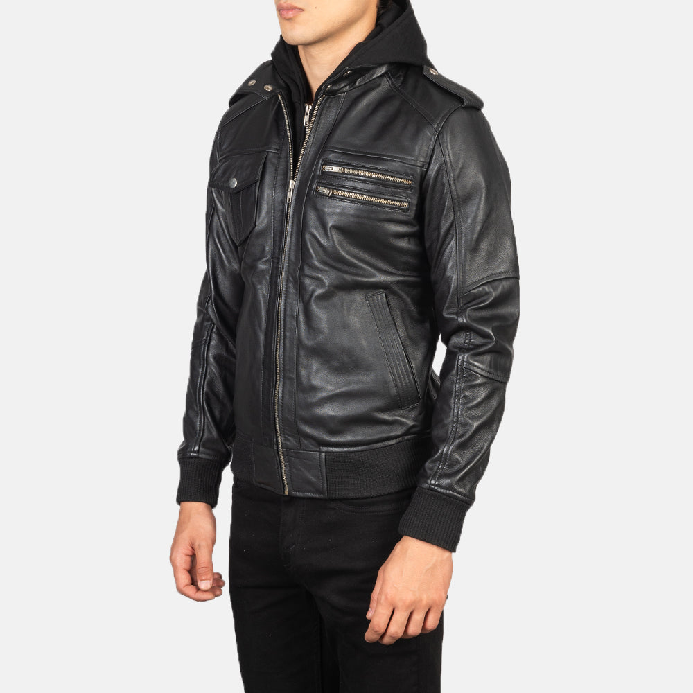 Men's Bravado Black Hooded Leather Bomber Jacket – The Jacket Maker